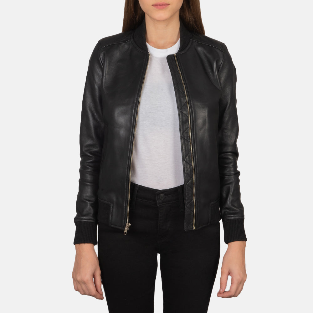 Women_s_Bliss_Black_Leather_Bomber_Jacket_Open_Front_14e4d915-84f7-4980-8c7f-a9c3d4ecbf46.jpg Bliss Black Leather Bomber Jacket - Image 1