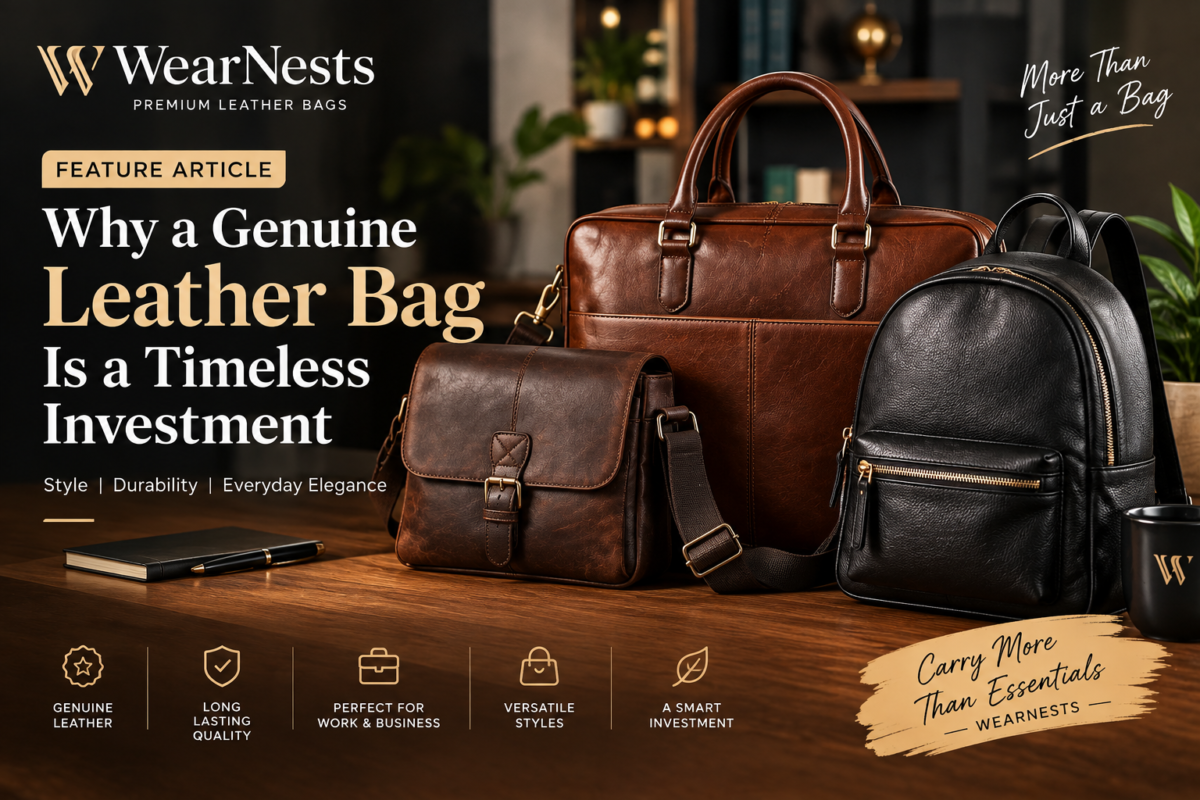 Premium genuine leather bags by WearNests displayed in a stylish setting, showcasing timeless design, durability, quality craftsmanship, and everyday elegance.