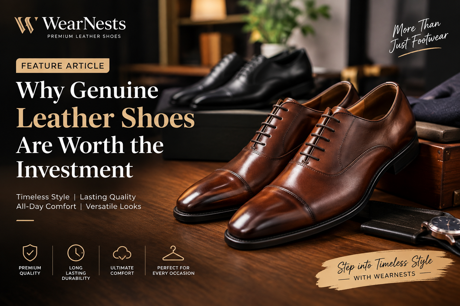 Luxury genuine leather brown dress shoes displayed on a wooden table with the WearNests brand, highlighting timeless style, durability, comfort, and quality craftsmanship.