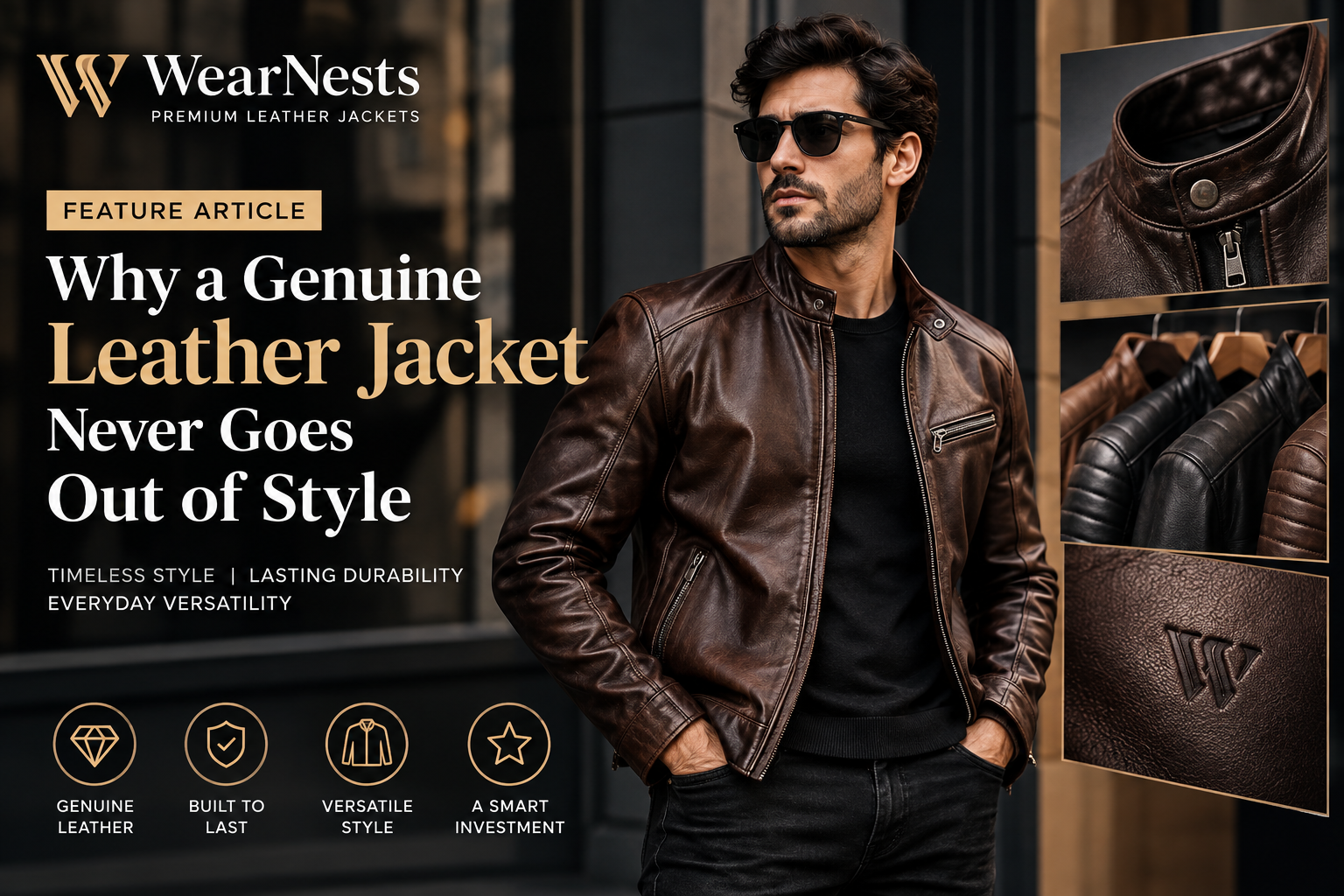 Luxury genuine leather jacket by WearNests worn by a stylish man, showcasing timeless fashion, durability, versatile style, and premium leather craftsmanship.