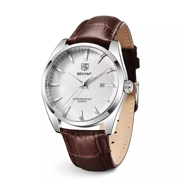 lucca-01-white-front.jpg Lucca Slim Dress Watch — 41mm Steel & Croco Leather - Image 1
