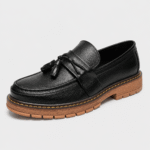 Mens Black Handmade Leather Loafers – British Retro Round Toe Fringe Slip-On Shoes