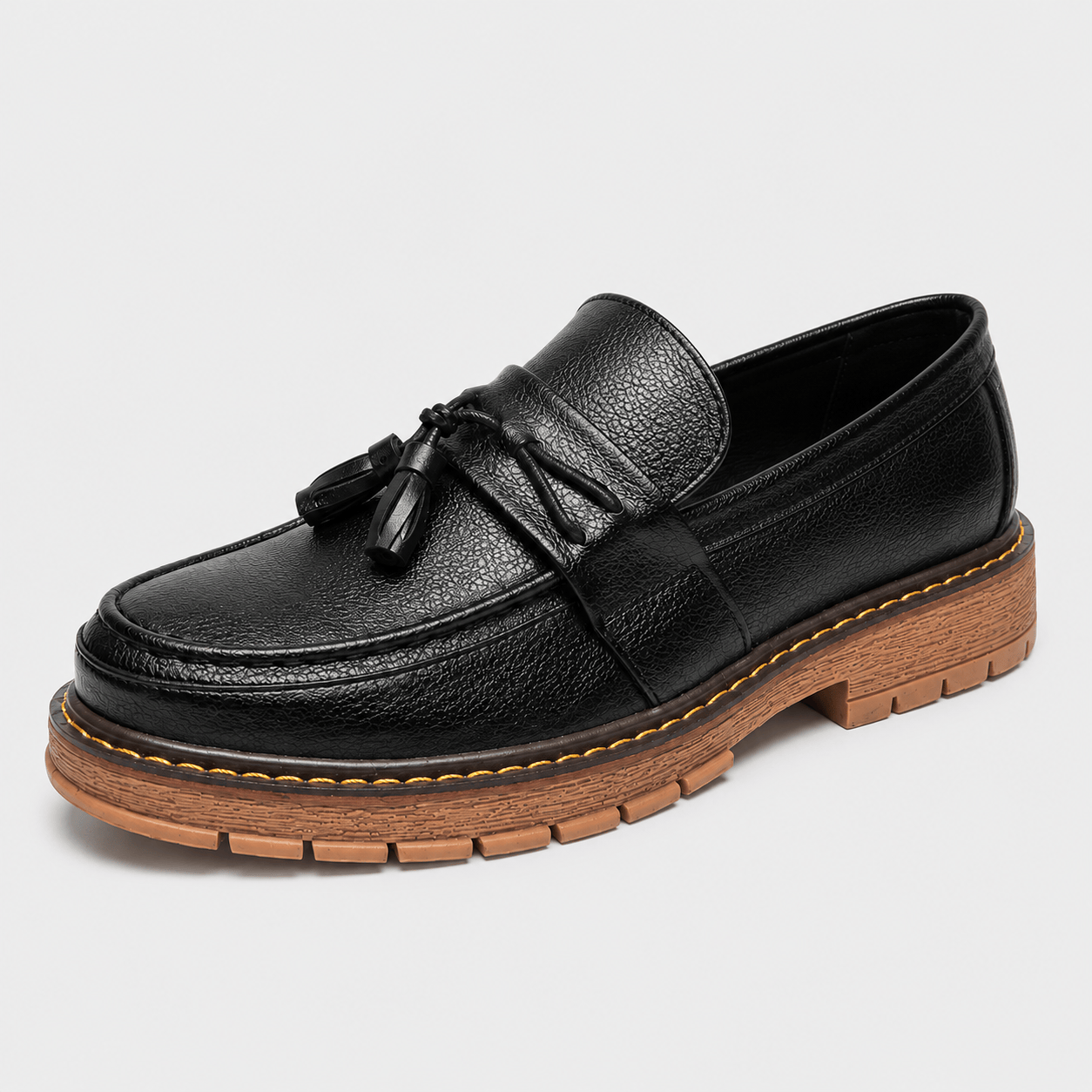 ma-boutique-mens-black-handmade-leather-loafers-british-retro-round-toe-fringe-slip-on-shoes-mens-black-handmade-leather-loafers-1241243069.png Mens Black Handmade Leather Loafers – British Retro Round Toe Fringe Slip-On Shoes - Image 1