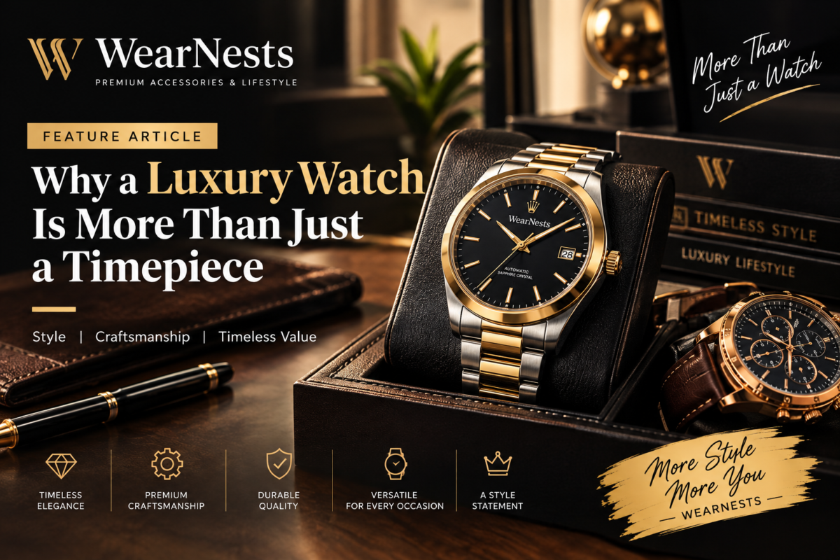 Luxury watch by WearNests displayed in an elegant setting with gold and black detailing, highlighting timeless elegance, premium craftsmanship, durability, and sophisticated style.